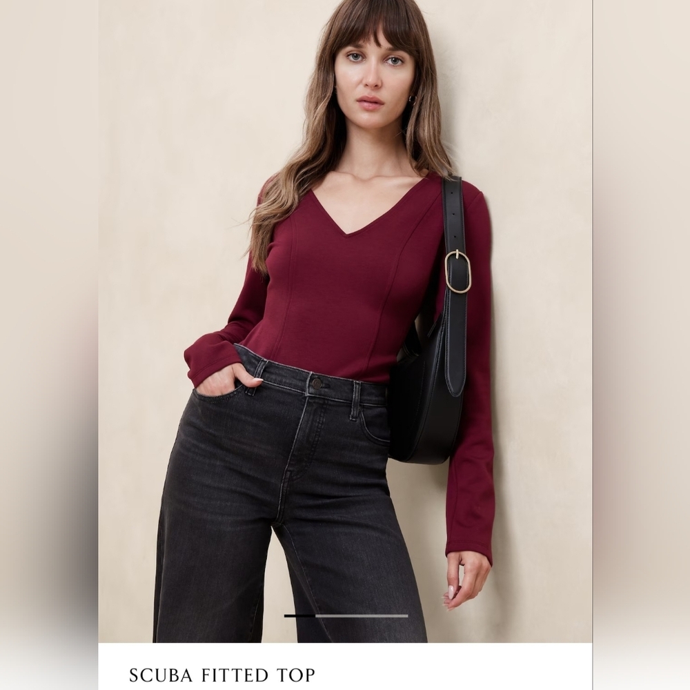 Banana Republic Deep Red V-Neck Top (Scuba Fitted Top)